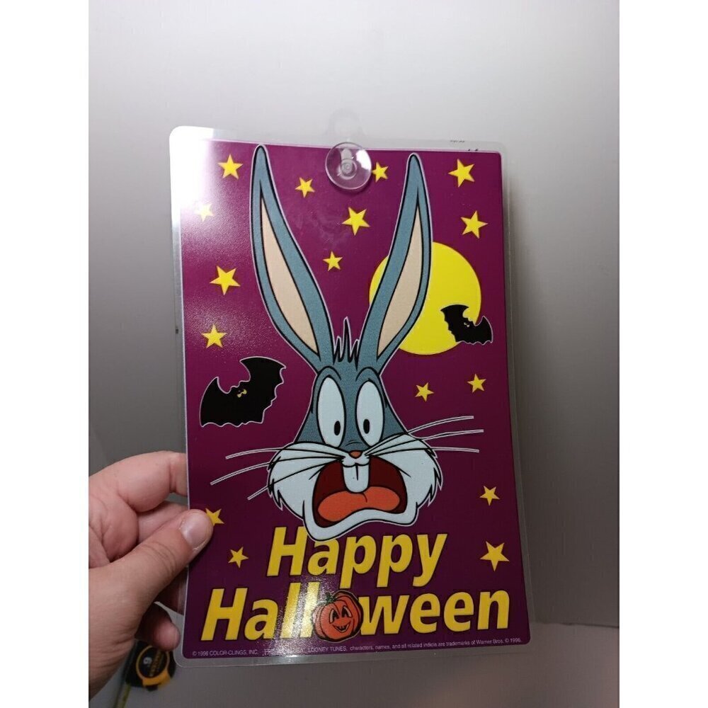 VINTAGE LOONEY TUNES HAPPY HALLOWEEN BUGS BUNNY 9x6 Window Suction Cup Hanger 90